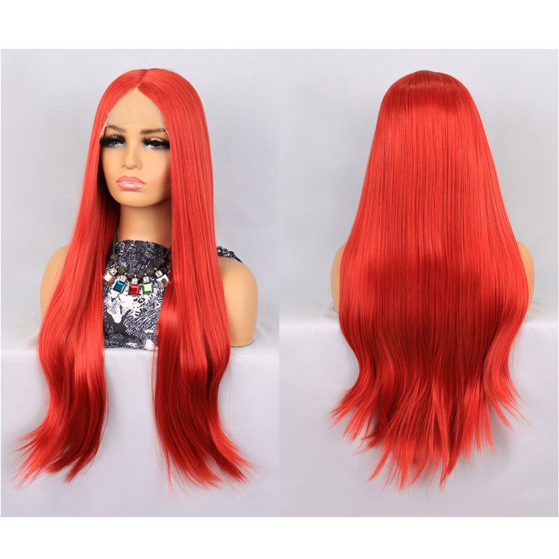 Unique Bargains Long Straight Hair Lace Front Wigs Women's with Wig Cap 26" Red 1PC, 3 of 7