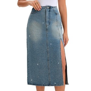 INSPIRE CHIC Women's Denim Casual Side Split A Line Stretchy Pencil High Waist Midi Skirts - 1 of 4