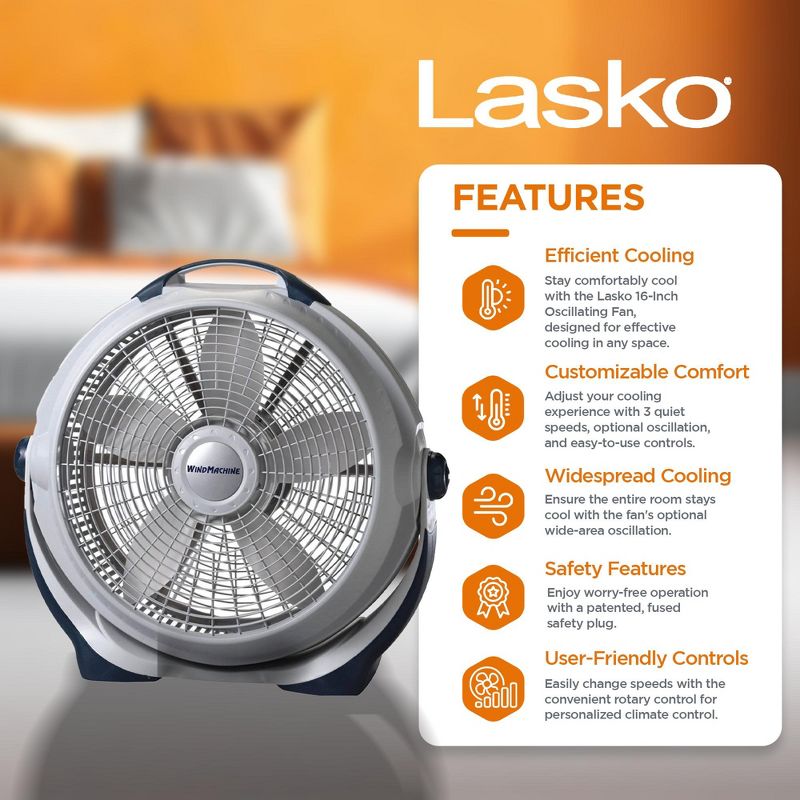 Lasko Wind Machine 3300 20 Inch 3 Speed Cooling Pivoting Head Floor Fan, Gray, 3 of 6