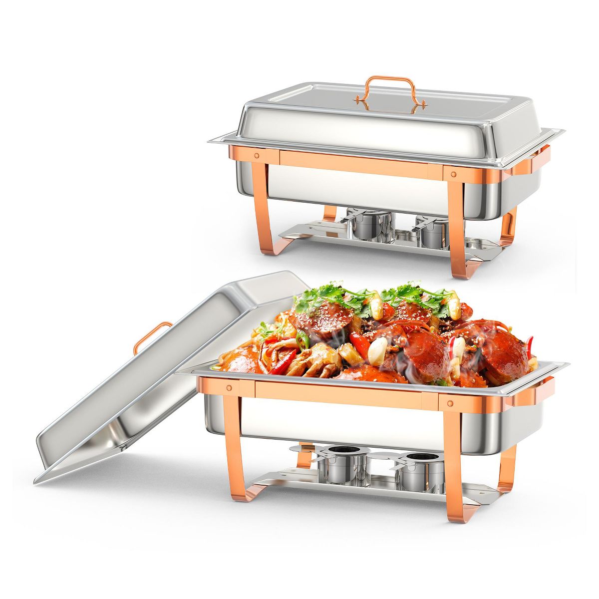 5QT/8QT Stainless Steel Chafing Dish, 2pcs Rose Gold Rectangular/Round Buffet Food Warmers, Ideal for Catering, Weddings, Parties