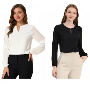 Allegra K Women's Chiffon Semi Sheer Keyhole Neck Elegant Work Blouse 2 Packs - 1 of 4
