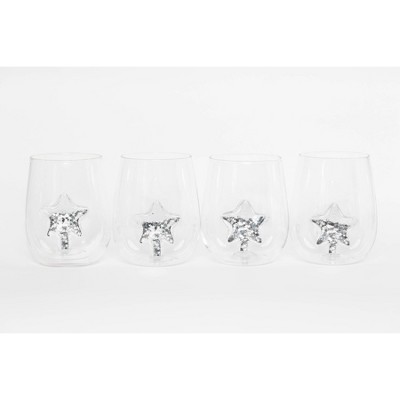 Jeanne Fitz Glitter Icon Stemless Glass Set of 4 Tumblers Silver Star