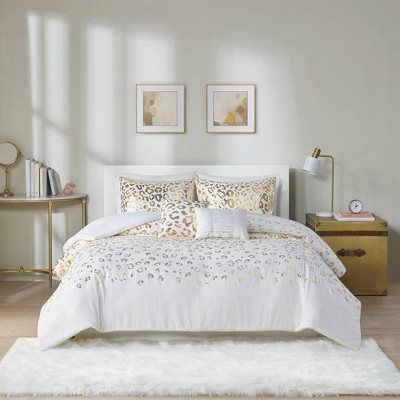 Ivory and Gold Metallic Animal Print Twin Duvet Cover Set