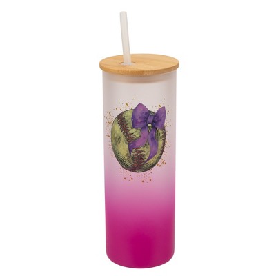 Elanze Designs 25 Ounce Frosted Glass Gradient Travel Tumbler With Straw and Wooden Lid, Softball With Purple Bow Pink
