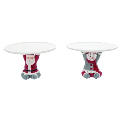 Transpac Dolomite 7 in. Red Christmas Nordic Pedestal Set of 2