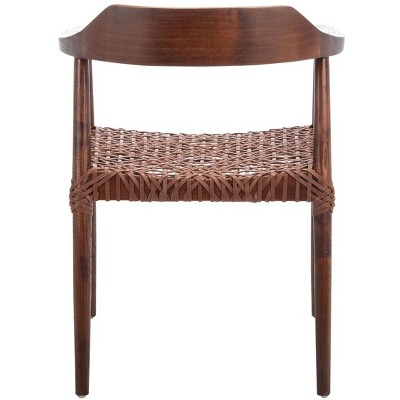 Walnut-Cognac Mid-Century Leather Woven Accent Chair