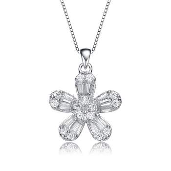 Guili Sterling Silver with Rhodium Plated White Baguette Cubic Zirconia Flower Style Pendant Necklace