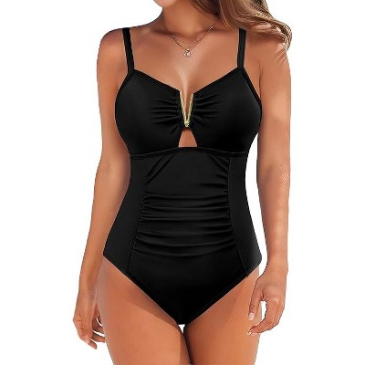 AI'MAGE Women's Tummy Control Swimsuits Ruched Slimming One Piece Bathing Suit V Neck Swimsuit