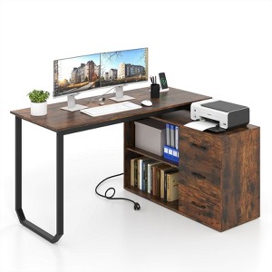 Costway L-Shaped Desk with Power Outlet 55" Reversible Computer Desk with 3 Drawers Brown/White - 1 of 4