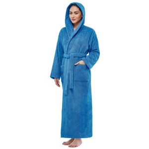 Arus Women's Turkish Terry Cotton Hooded Robe, Full Length Long Bathrobe with Hood - 1 of 4
