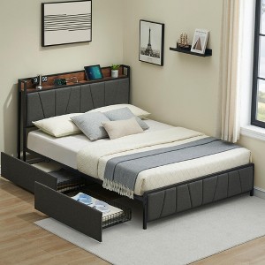 Twin-XL Size Bed Frame with 2 Storage Drawers and Charging Station - 1 of 4