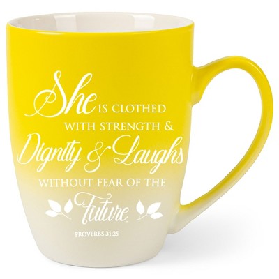 Elanze Designs Strength Dignity Prov 31 Two Toned Ombre Matte Yellow and White 12 ounce Ceramic Stoneware Coffee Cup Mug