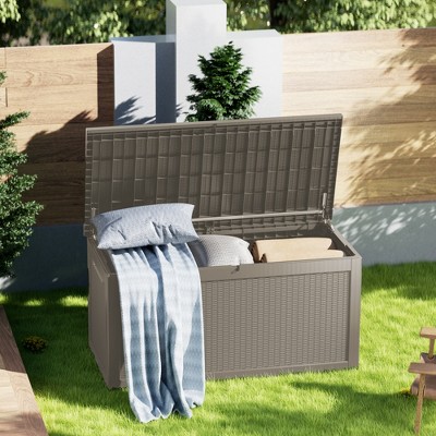 Maggift Deck Box, 260GAL Outdoor Storage Box, Patio Gardening Tools, Water and UV Resistant for Patio, Garden, Lawn, Brown, 67.7"*32.2"*33.66"