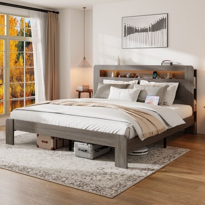 NicBex Full/Queen/King Vintage Bed Frame with Storage LED Light Headboard,Modern Platform Bed for Bedroom,No Box Spring Needed