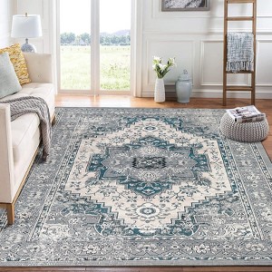 8x10 Washable Rug Anti-Slip Low Pile Thin Rugs for Bedroom Vintage Floral Accent Carpet - 1 of 4