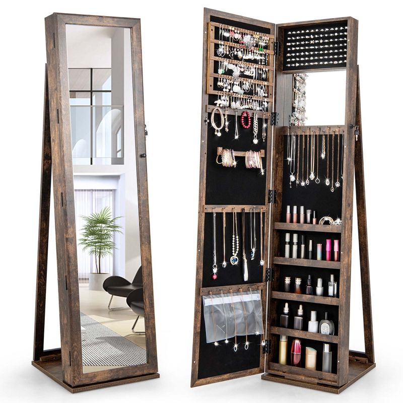 Costway Mirrored Jewelry Cabinet Armoire Lockable Standing Storage Organizer with Shelf, 1 of 11