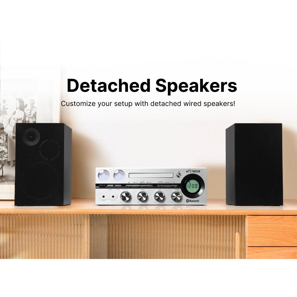 VICTOR Milwaukee 50 Watt Desktop Bluetooth Stereo System with CD/MP3 Player, FM Radio, Functioning VU Meters, and Detached Stereo Speakers, Black - thumbnail 6