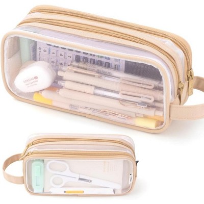 Fmeida Large Grid Mesh Pencil Case 2 Compartment Pen Bag Clear Handheld Multifunction Pencil Pouch Transparent Makeup Bag
