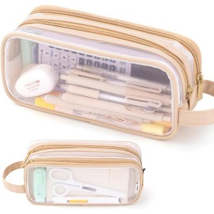 Paaaawaters Large Grid Mesh Pencil Case 2 Compartment Pen Bag Clear Handheld Multifunction Pencil Pouch Transparent Makeup Bag - 1 of 4