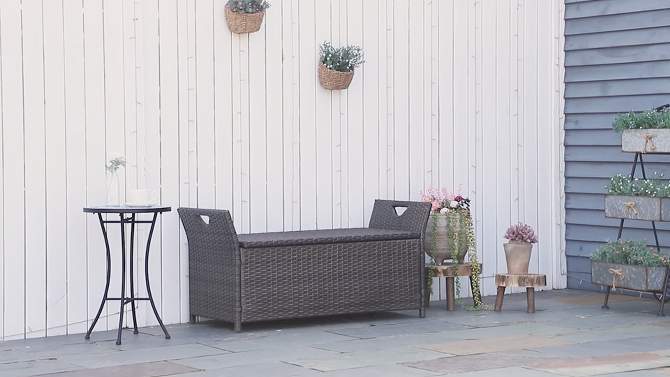 Outsunny Outdoor PE Rattan Two-In-One Storage Bench, Patio Wicker Large Capacity Footstool Rectangle Basket Box w/ Handles & Cushion, 2 of 8, play video