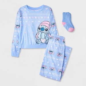 Girls' 2pc Lilo & Stitch Holiday Cozy Pajama Set with Socks - Blue - 1 of 4