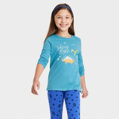 Girls' 'Shine Bright Hanukkah Dino' Long Sleeve Graphic T-Shirt - Cat & Jack™ Blue