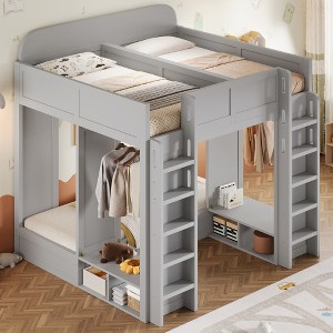 Whisen Twin + Twin over Twin XL Triple Bunk Bed & Bed Frame with Storage Shelves and Hooks - 1 of 4