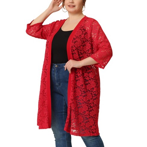 Agnes Orinda Women s Plus Size Lace Open Front 3 4 Sleeve Long Cardigans Red 2x Target