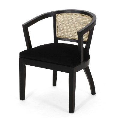 Black Velvet and Cane Upholstered Arm Chairs with Wood Frame