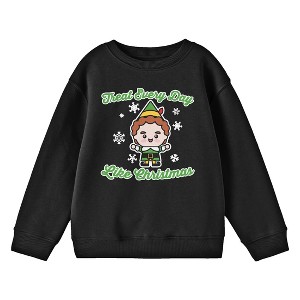 Elf Treat Every Day Like Christmas Chibi Buddy with Snowflakes Youth Black Crew Neck Sweatshirt - 1 of 2