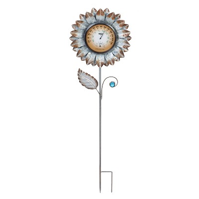 Evergreen Flag  Beautiful Brown Galvanized Flower Thermometer Garden Stake - 2 x 44 x 12 Inches Homegoods and Decorations for Every Space