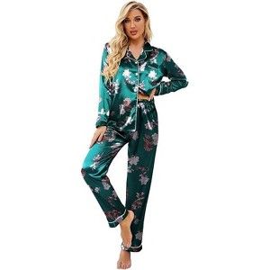 Ekouaer Women's Classic Button Down Long Satin Silk Pajama Set - 1 of 4