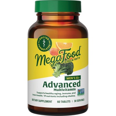 MegaFood Men's 55+ Advanced Multivitamin w/ Choline, Vitamin D & Vitamin B12 - Brain Health & Immune Support Supplement for Adults, 60 Tabs.