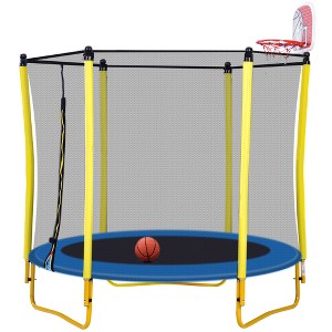 SEVOBAL Trampolines, 5.5FT Kids Trampoline with Basketball Hoop and Safety Enclosure for Indoor Outdoor Play, Yellow, 65"*65"*76.5" - 1 of 4