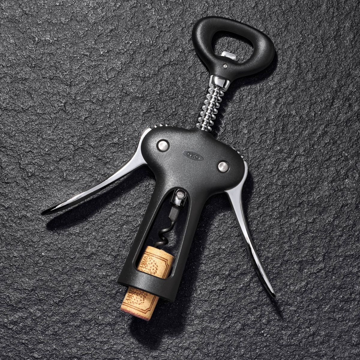 OXO All In One Winged Corkscrew: Manual Zinc Wine Bottle Opener, Hand Wash, Black - thumbnail 5
