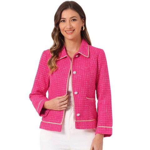 INSPIRE CHIC Women's Point Collar Long Sleeve Contrast Trim Button Down Work Office Jacket Hot Pink Medium