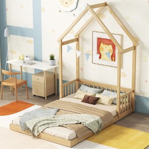 NicBex Kids Montessori Bed with House-shaped Headboard,Floor Bed with Semi-fence Design,Twin/Fill Size Toddler bed for Bedroom,Gray/White/Brown - 1 of 4