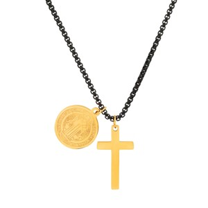Steeltime 24" two tone blaci ip and 18k gold plated stainless steel cross and St. Benedict pendant - 1 of 4