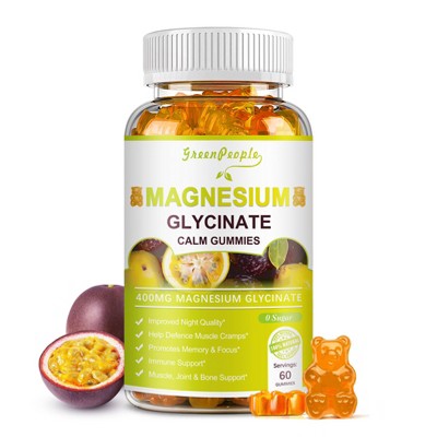 GreenPeople Magnesium Glycinate Gummies 400mg with Calcium, Potassium, Vitamin D for Stress Relief & Sleep, 60 Ct (Passion fruit flavor)