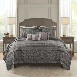 AENKYO Queen Jacquard Comforter Set, Traditional Weave 7-Piece Bedding with Shams & Pillow, Grey All-Season Collection - 1 of 4