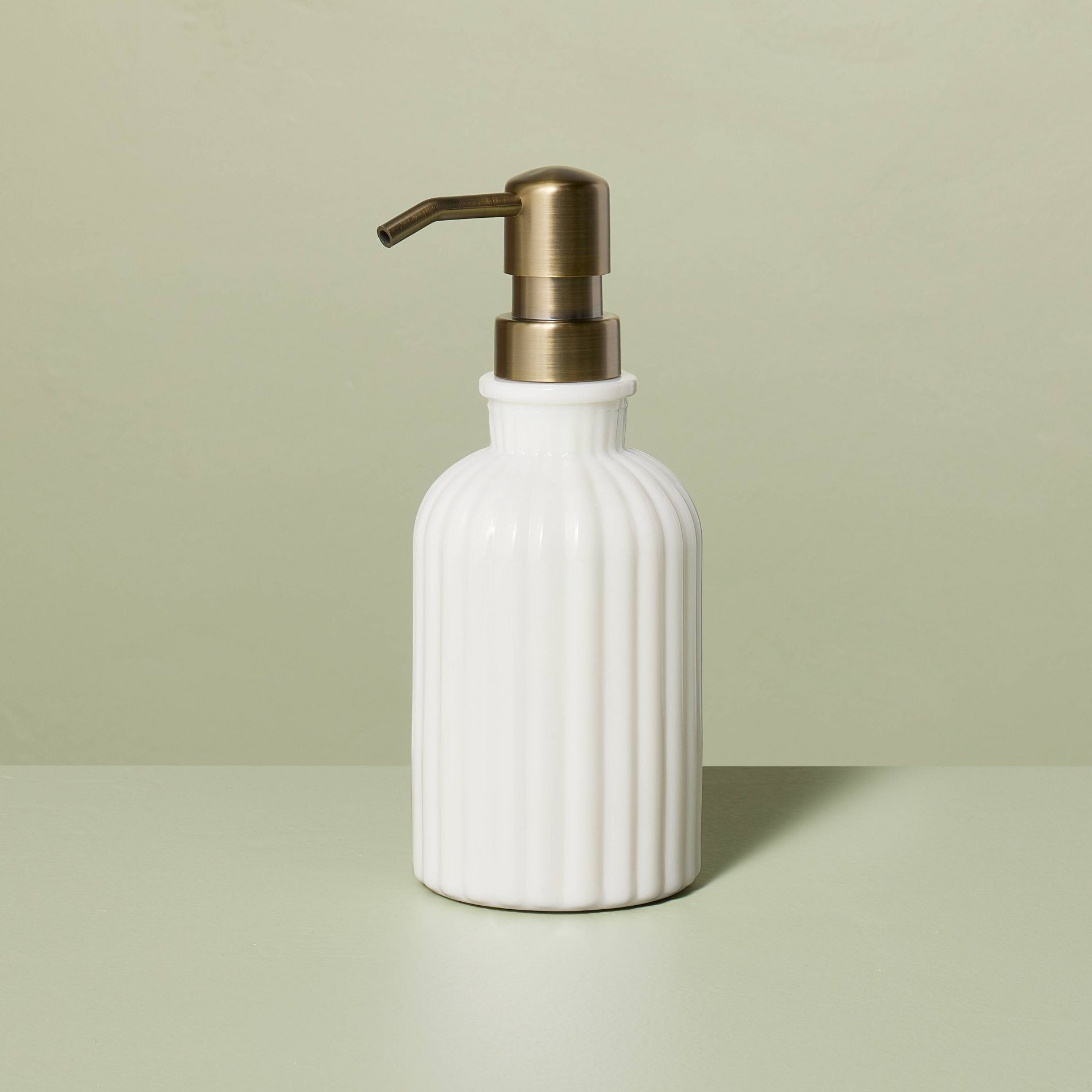 Fluted Milk Glass Soap Pump Brass Finish - Hearth & Hand™ with Magnolia: Elegant Bathroom Accessory, 10oz Capacity
