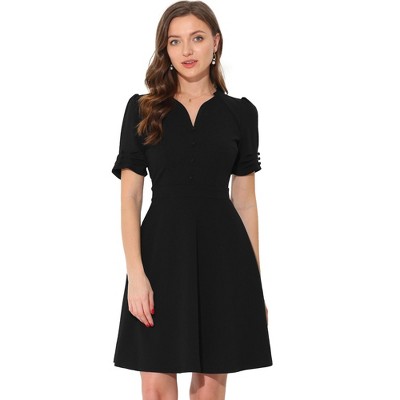 INSPIRE CHIC Women's Elegant V Neck Puff Short Sleeve Work Office Flared Dresses