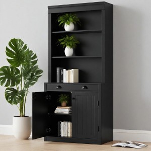 71" Tall Bookshelf and Bookcase with Drawer, 5-Tier White Bookshelf with Doors, Adjustment Shelf, Wood Bookshelves Storage Cabinets - 1 of 4