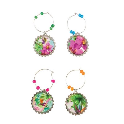 Beachcombers Tropical Flowers & Flamingo Decorative Glass Marker Charms, Set of 4