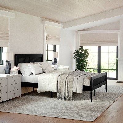 Black Queen Size Wood Platform Bed with Rattan Headboard and Footboard