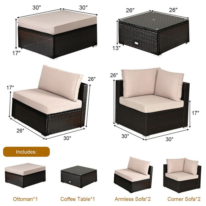 Costway 6PCS Outdoor Patio Rattan Furniture Set Cushioned Sectional Sofa Table Ottoman, 3 of 11