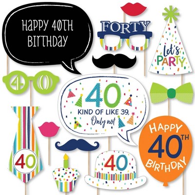 Big Dot of Happiness 40th Birthday - Cheerful Happy Birthday - Colorful Fortieth Birthday Party Photo Booth Props Kit - 20 Count