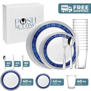 Posh Setting 280 Piece White And Silver/Blue Plastic Party Bundle - Royal (40 Settings) - 1 of 4
