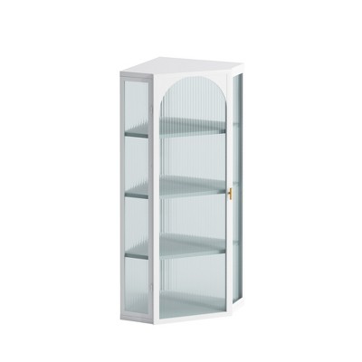 TIRAMISUBEST White Wall Mounted Corner Cabinet with Glass Door & 4-Tier Storage - Space Saving Buffet Cabinet for Bedroom