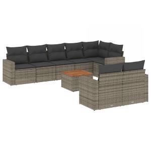 vidaXL 9 Piece Patio Sofa Set with Cushions Gray Poly Rattan - Table + 5x Corner + 3x Middle - 1 of 4